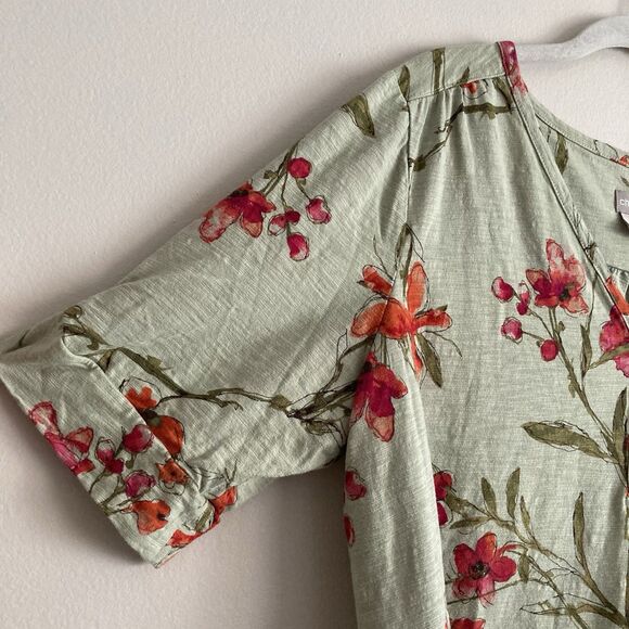 Chicos Womens Green Floral Henley Shirt Size 3 XL Short Sleeves Cotton Modal - Picture 4 of 11